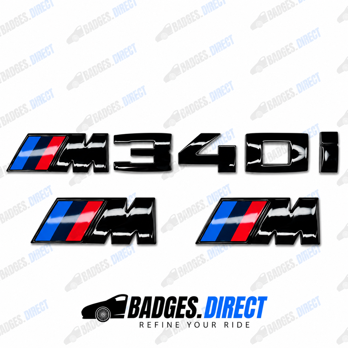 BMW M340i Gloss Black Rear Boot Badge + Side Fender M Wing Badge