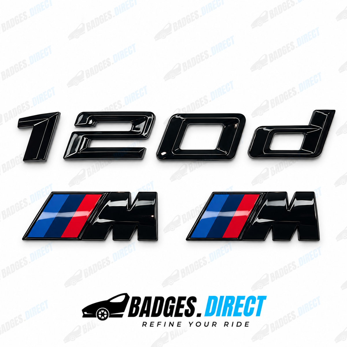 BMW 120d Gloss Black Rear Boot Badge + Side Fender M Wing Badge