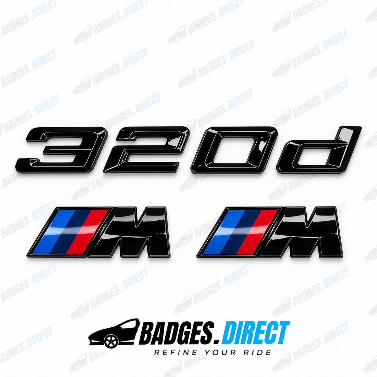 BMW 320d Gloss Black Rear Boot Badge + Side Fender M Wing Badge
