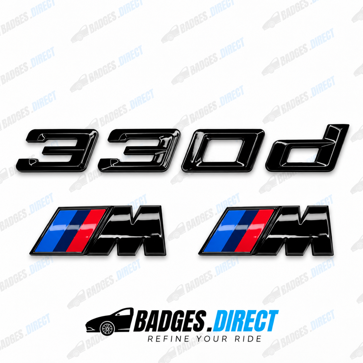 BMW 330d Gloss Black Rear Boot Badge + Side Fender M Wing Badge