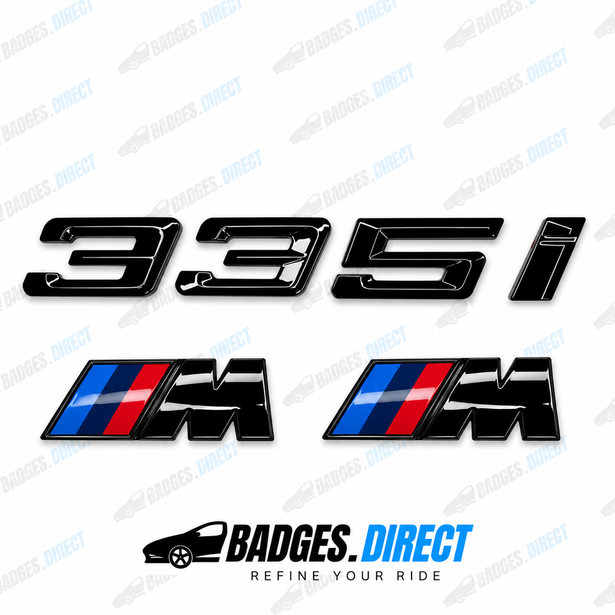 BMW 335i Gloss Black Rear Boot Badge + Side Fender M Wing Badge