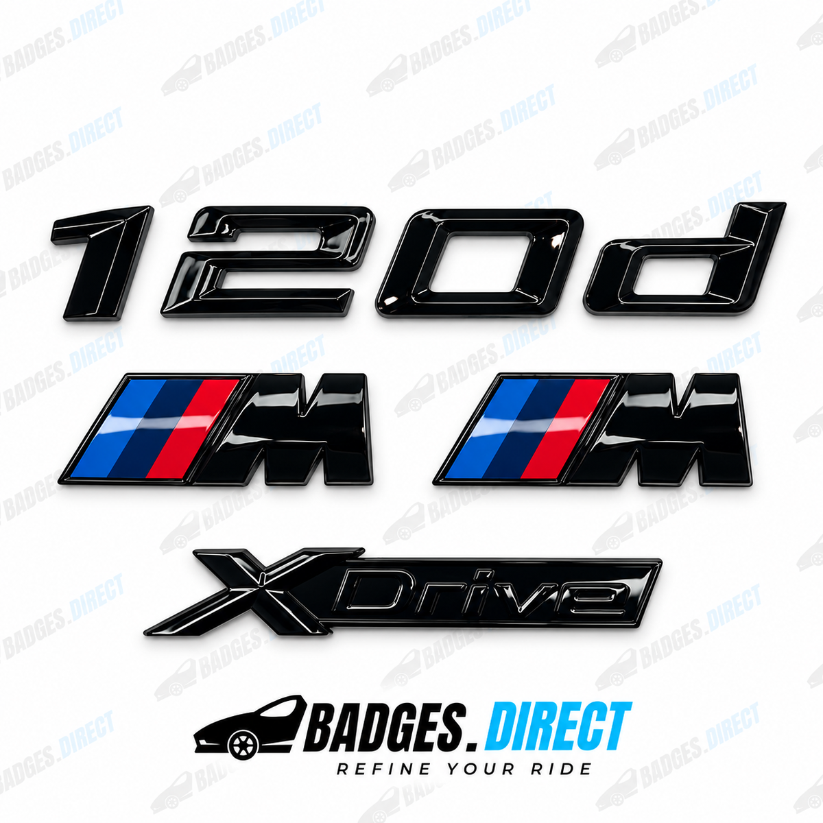 BMW 120d X-Drive Gloss Black Rear Boot Badge + Side Fender M Wing Badge