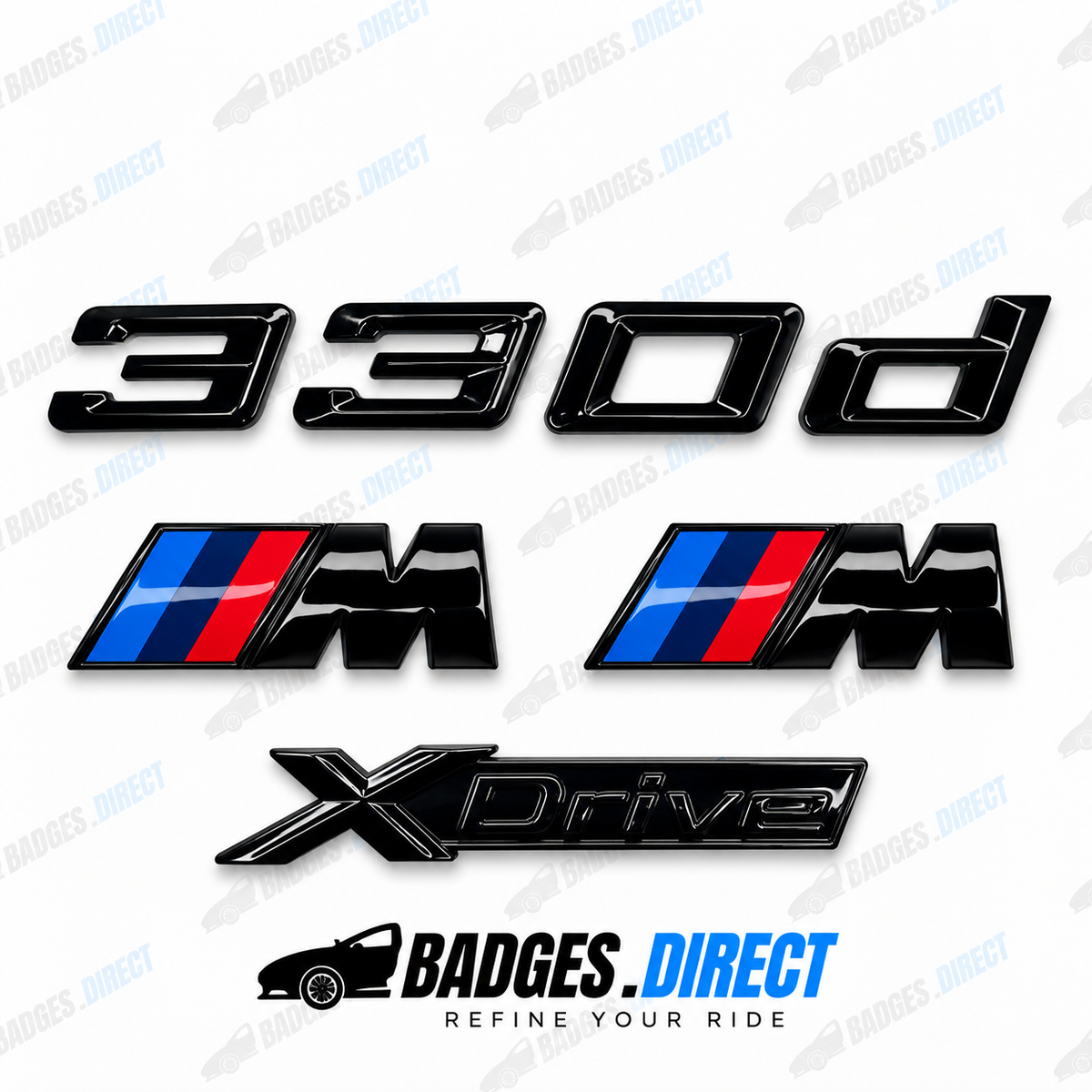 BMW 330d X-Drive Gloss Black Rear Boot Badge + Side Fender M Wing Badge