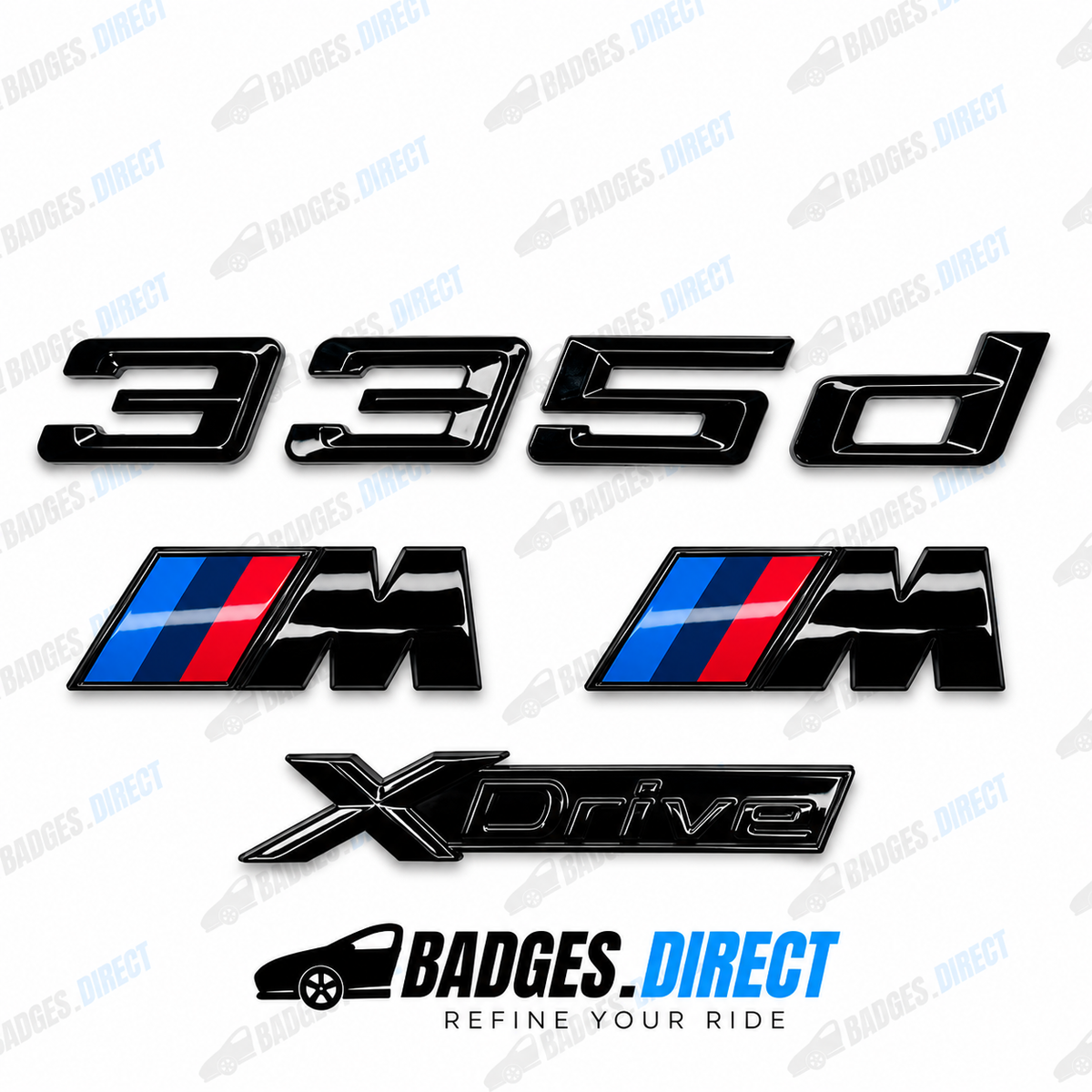 BMW 335d X-Drive Gloss Black Rear Boot Badge + Side Fender M Wing Badge