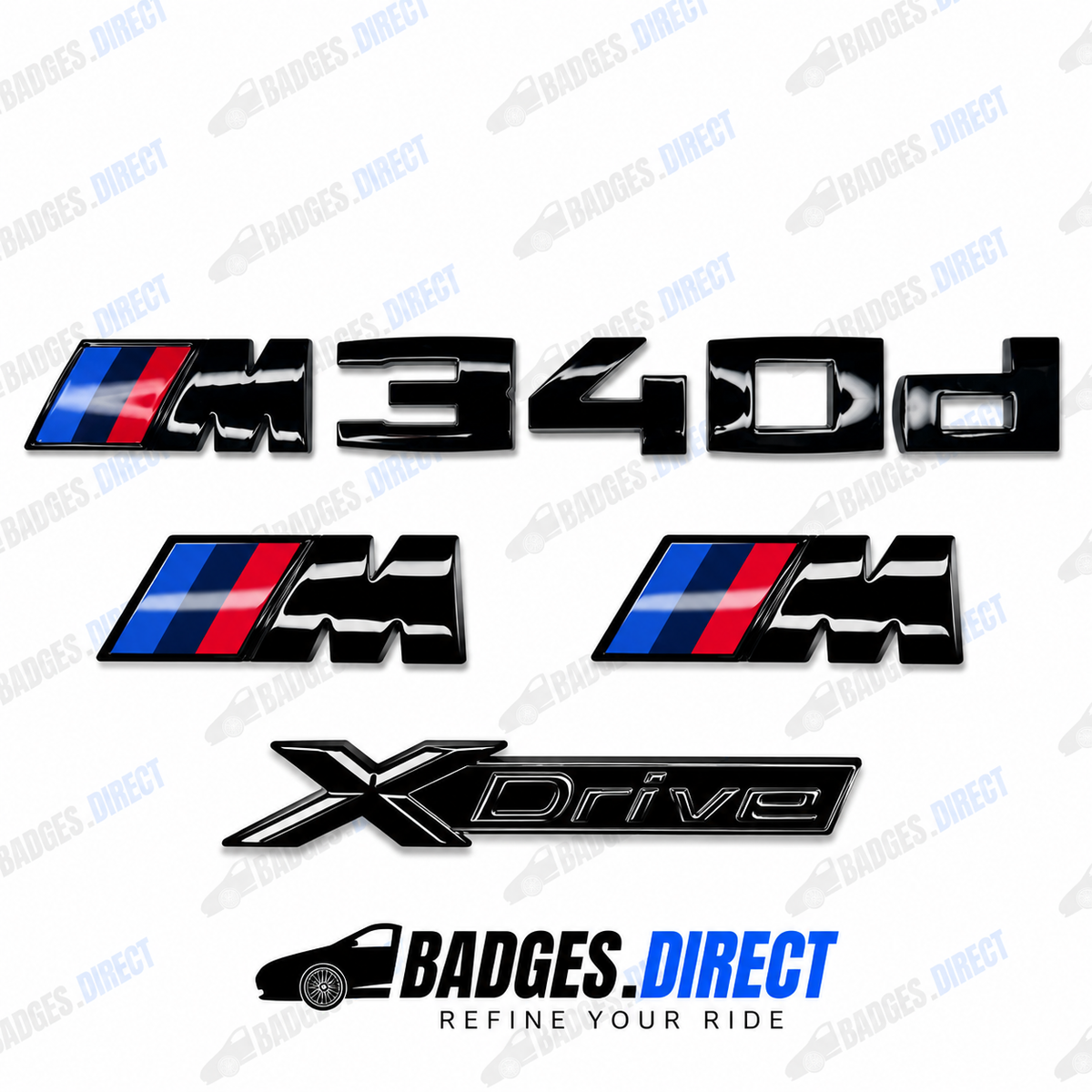 BMW M340d X-Drive Gloss Black Rear Boot Badge + Side Fender M Wing Badge