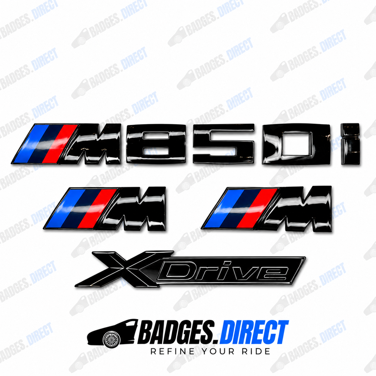 BMW M850i X-Drive Gloss Black Rear Boot Badge + Side Fender M Wing Badge