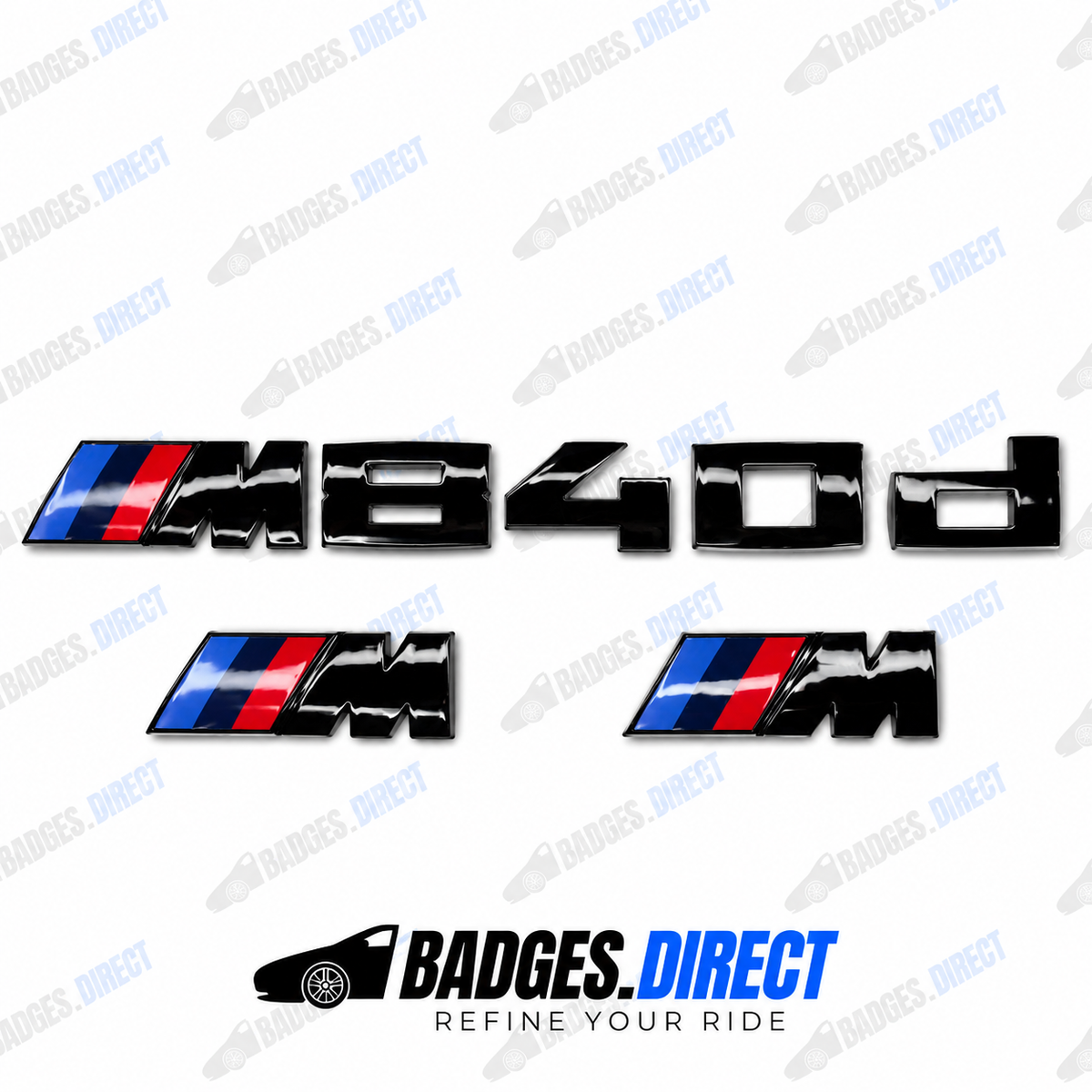BMW M840d Gloss Black Rear Boot Badge + Side Fender M Wing Badge