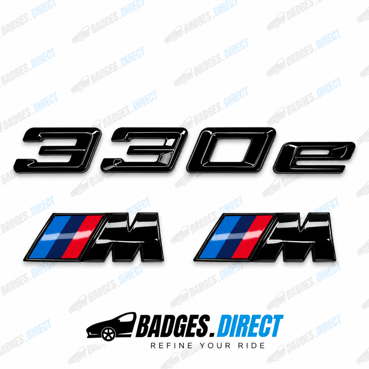 BMW 330e Gloss Black Rear Boot Badge + Side Fender M Wing Badge