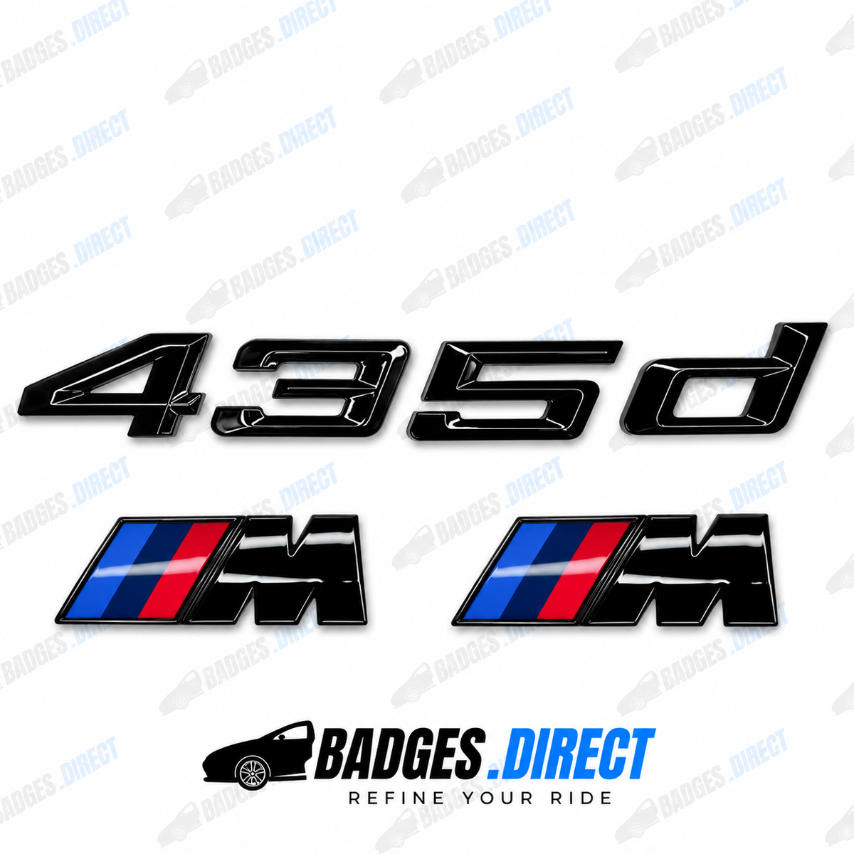 BMW 435d Gloss Black Rear Boot Badge + Side Fender M Wing Badge