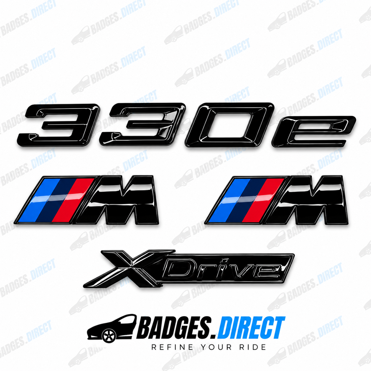 BMW 330e X-Drive Gloss Black Rear Boot Badge + Side Fender M Wing Badge