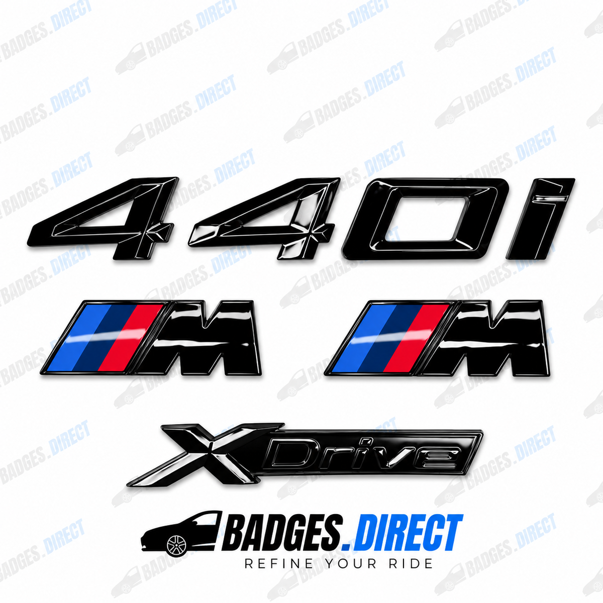 BMW 440i X-Drive Gloss Black Rear Boot Badge + Side Fender M Wing Badge