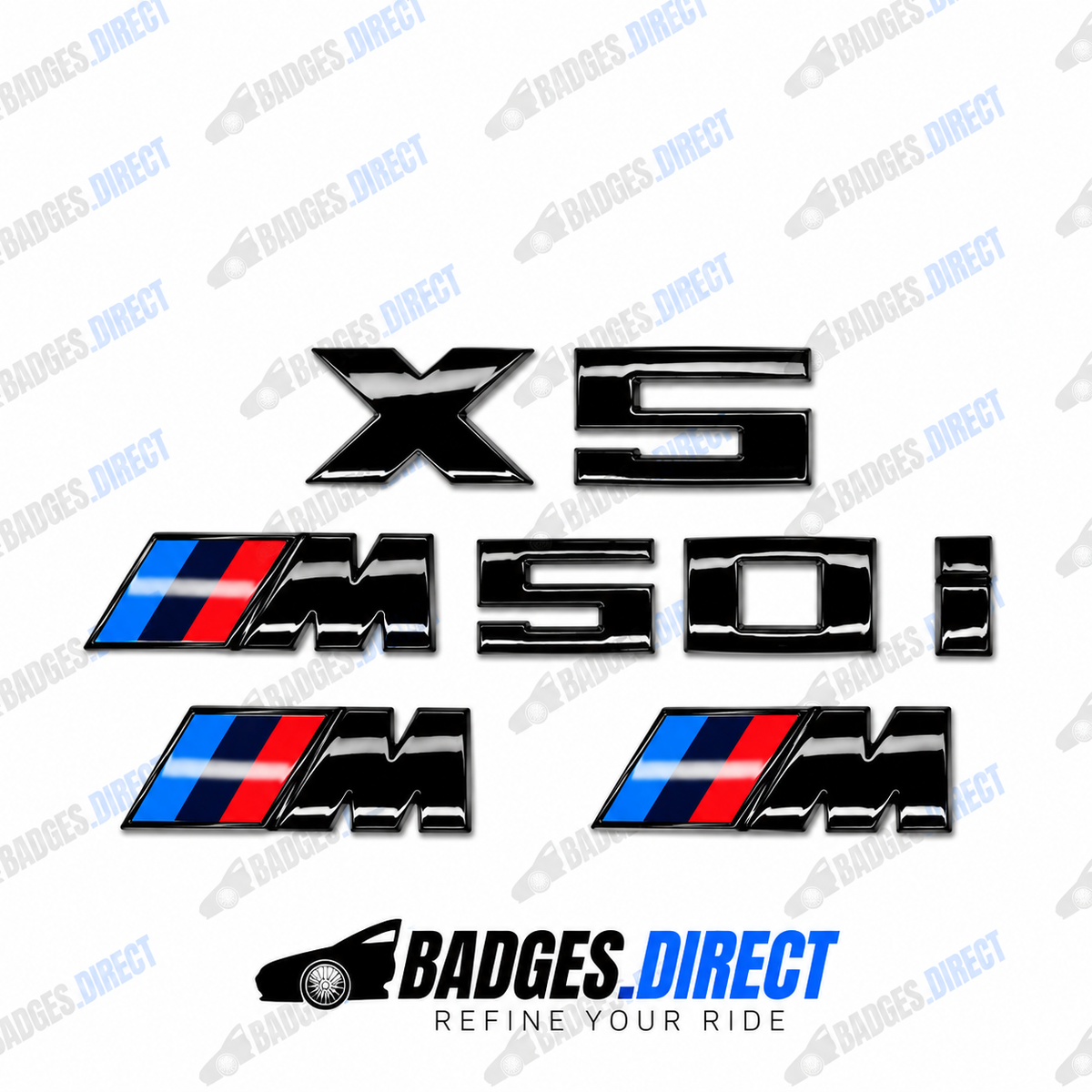 BMW X5 M50i Gloss Black Rear Boot Badge + Side Fender M Wing Badge 2018-2025