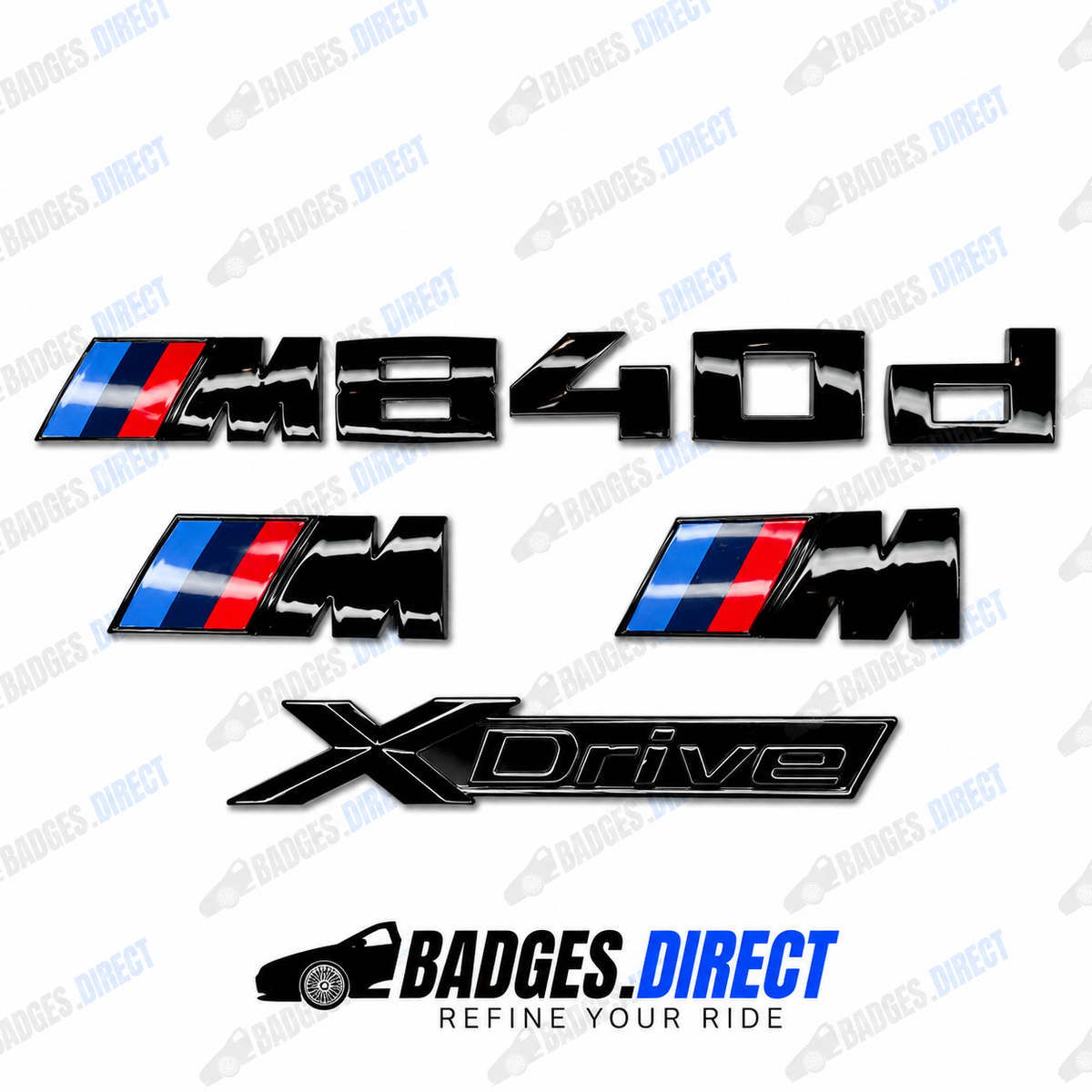 BMW M840d X-Drive Gloss Black Rear Boot Badge + Side Fender M Wing Badge