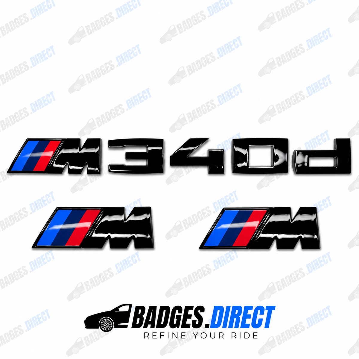 BMW M340d Gloss Black Rear Boot Badge + Side Fender M Wing Badge