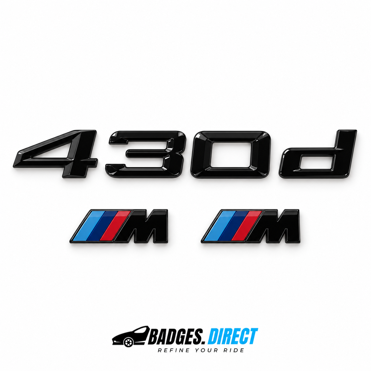 Gloss black BMW 430d rear lettering with two tricolour M wing badges