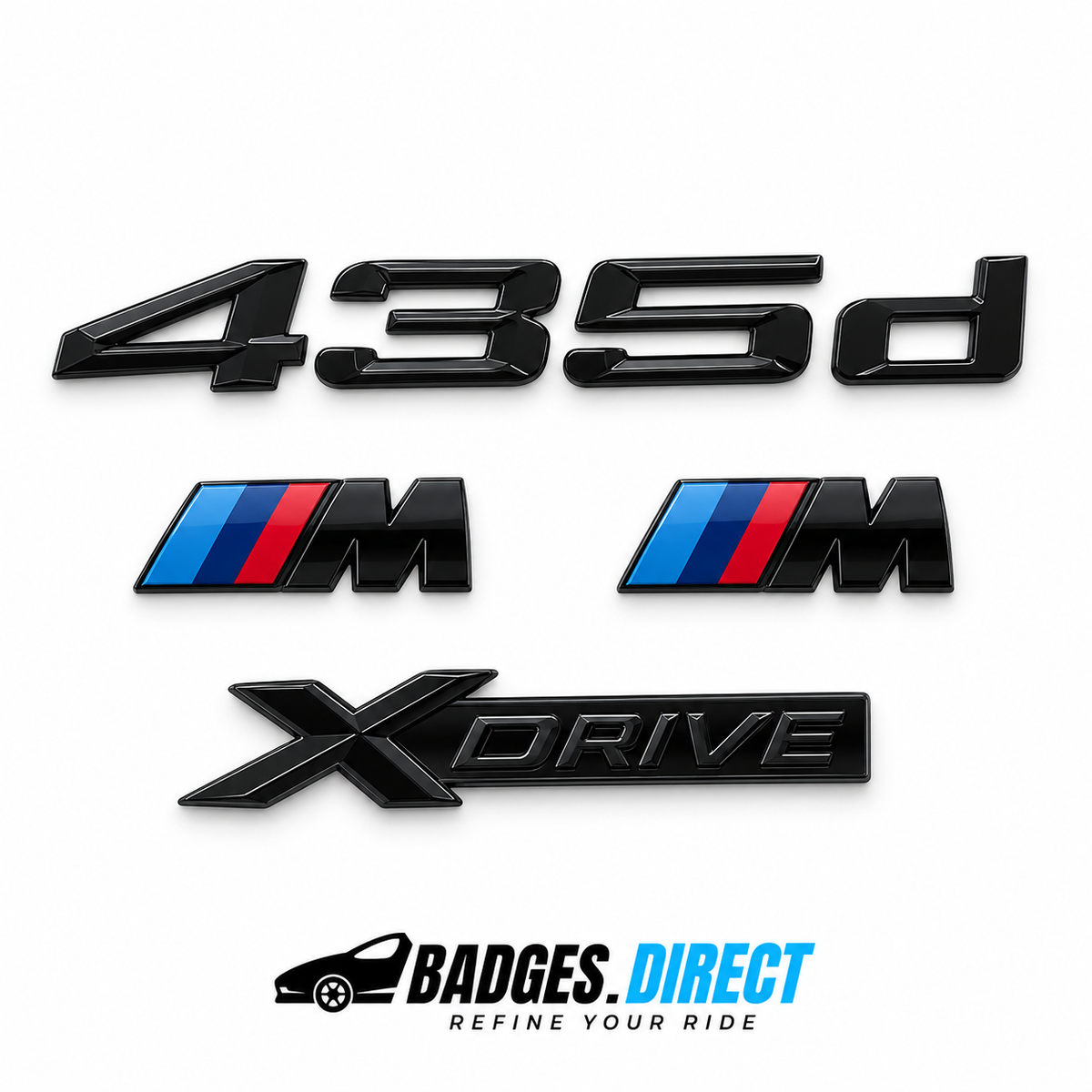 Gloss black BMW 435d and xDrive rear badges with two tricolour M wing badges