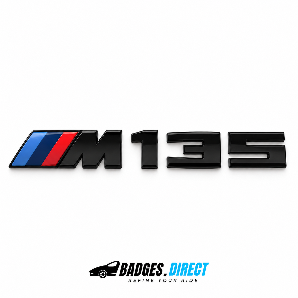 BMW M135 F70 gloss black rear badge with tricolour stripes