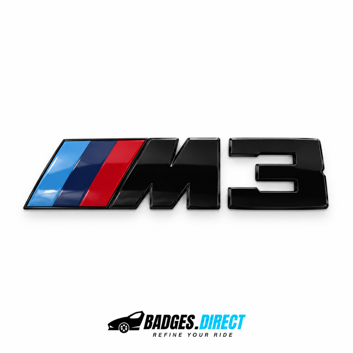 BMW M3 gloss black rear boot badge with light blue, dark blue and red stripes — Badges.Direct