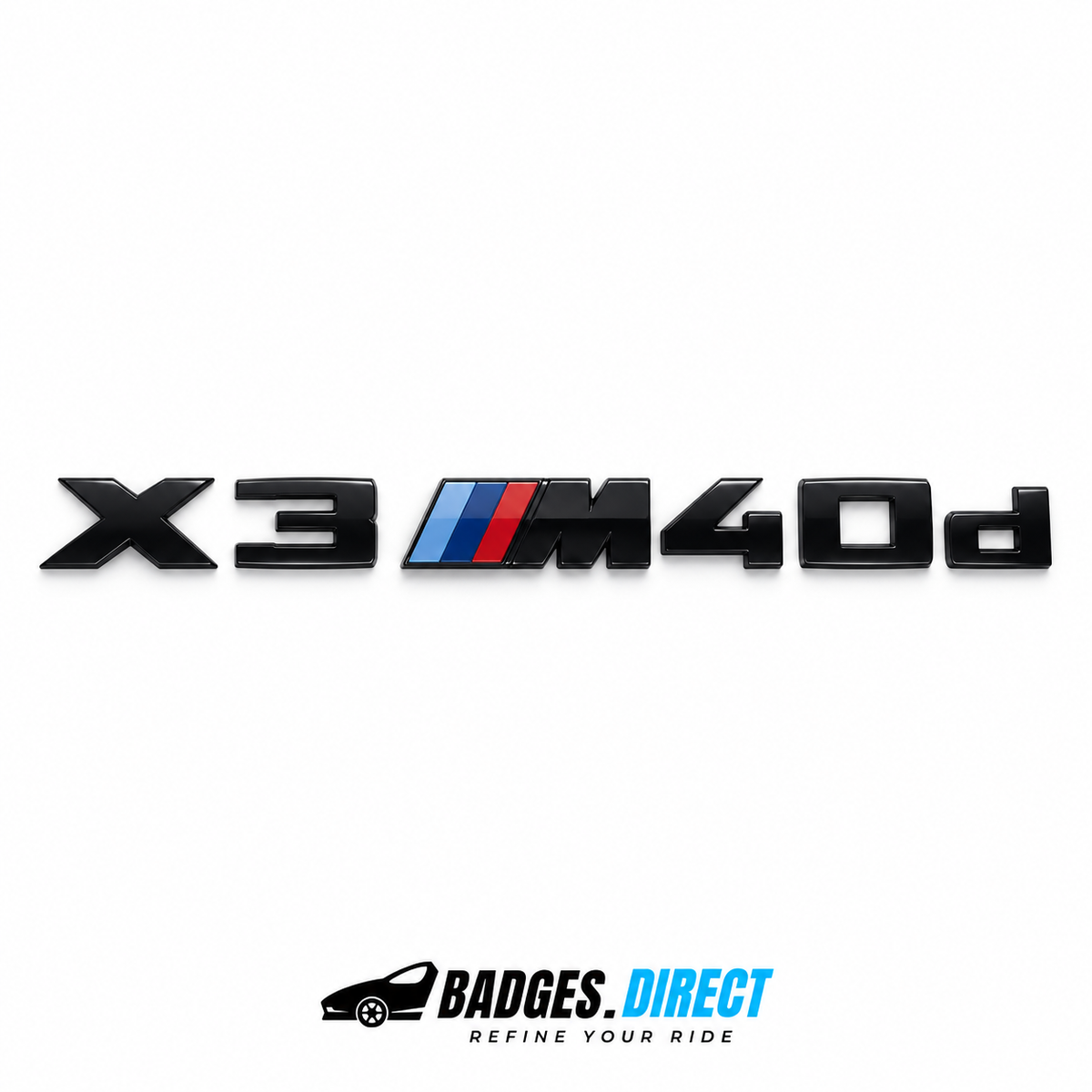 Gloss black BMW X3 M40d rear lettering with tricolour M stripes
