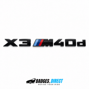 Gloss black BMW X3 M40d rear lettering with tricolour M stripes