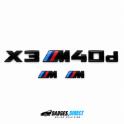 Gloss black BMW X3 M40d rear lettering with two tricolour M wing badges