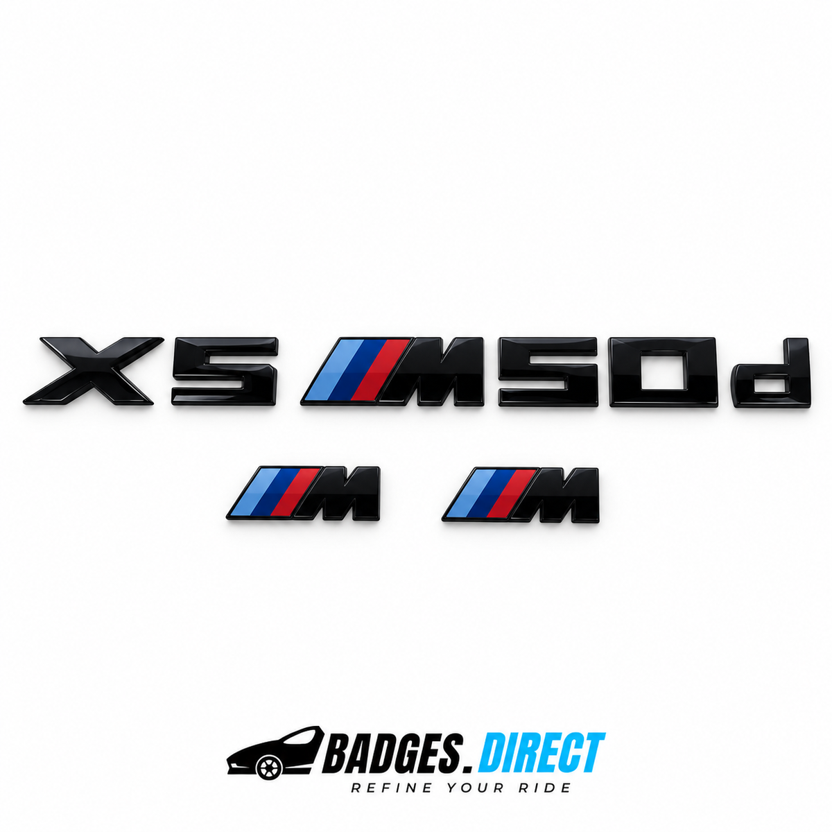 Gloss black BMW X5 M50d rear lettering and two smaller M wing badges with blue and red stripes.