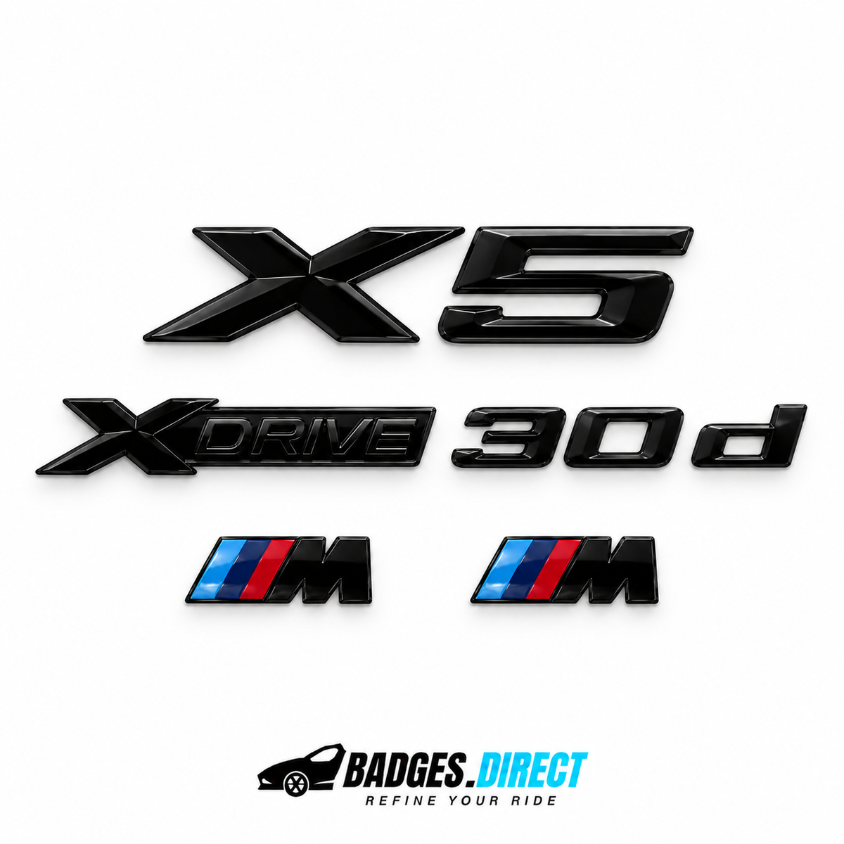 BMW X5 xDrive30d gloss black lettering and two coloured M wing badges — Badges.Direct