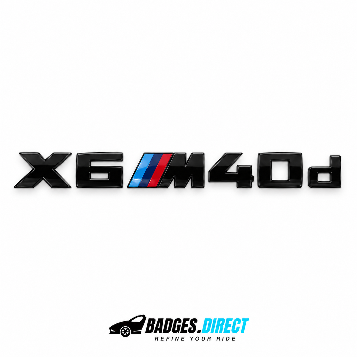 BMW X6 M40d gloss black rear lettering with coloured M stripes — Badges.Direct