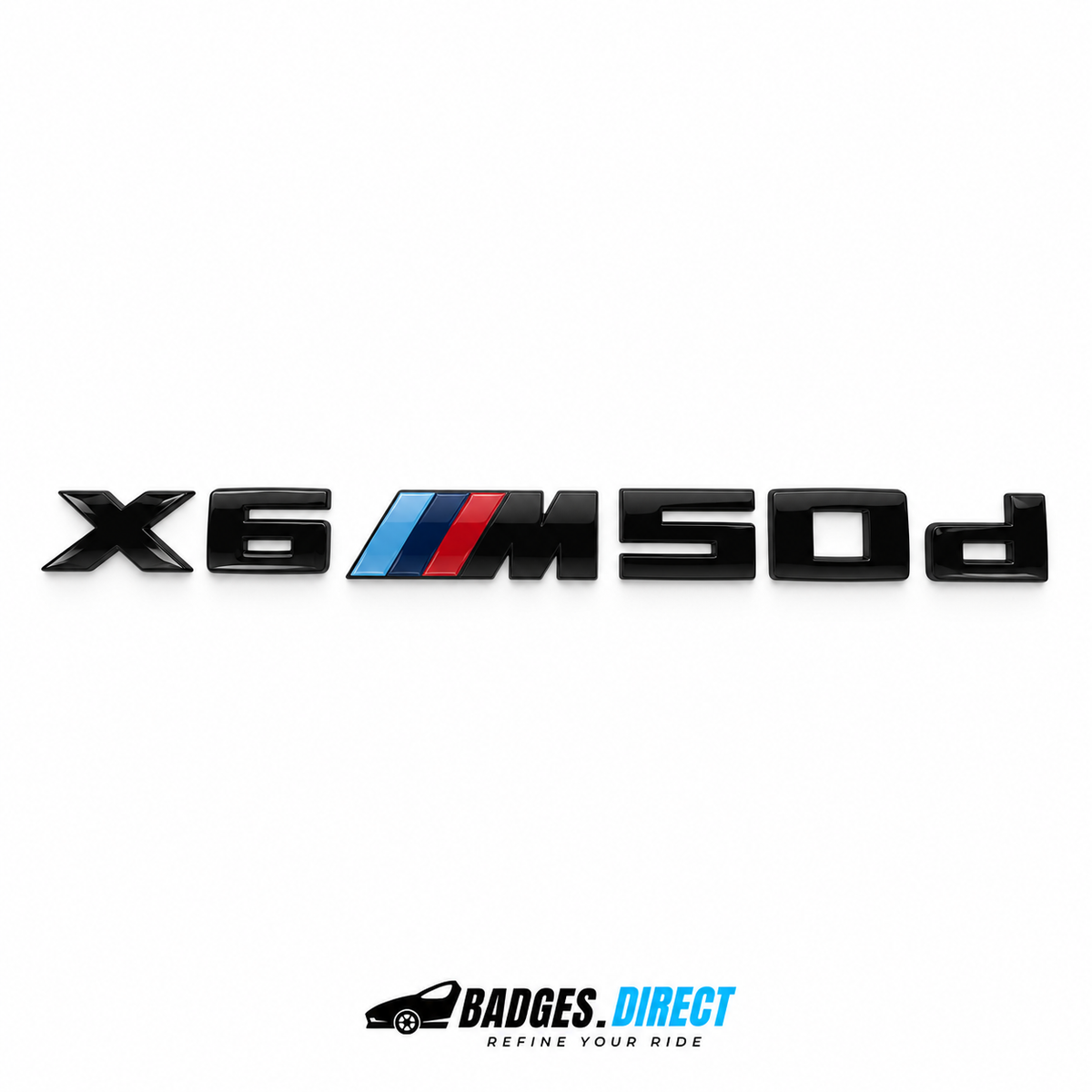 Gloss-black BMW X6 M50d rear lettering with coloured M stripes.