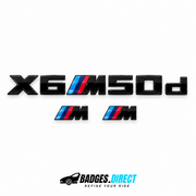 BMW X6 M50d gloss black rear lettering with two M wing badges — Badges.Direct