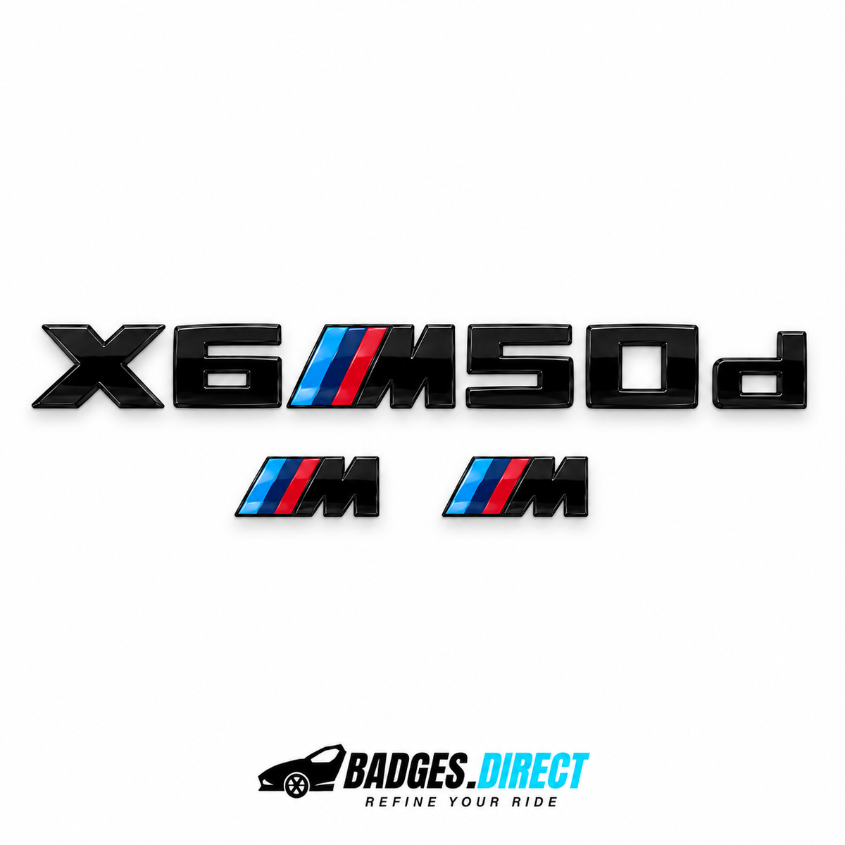 BMW X6 M50d gloss black rear lettering with two M wing badges — Badges.Direct