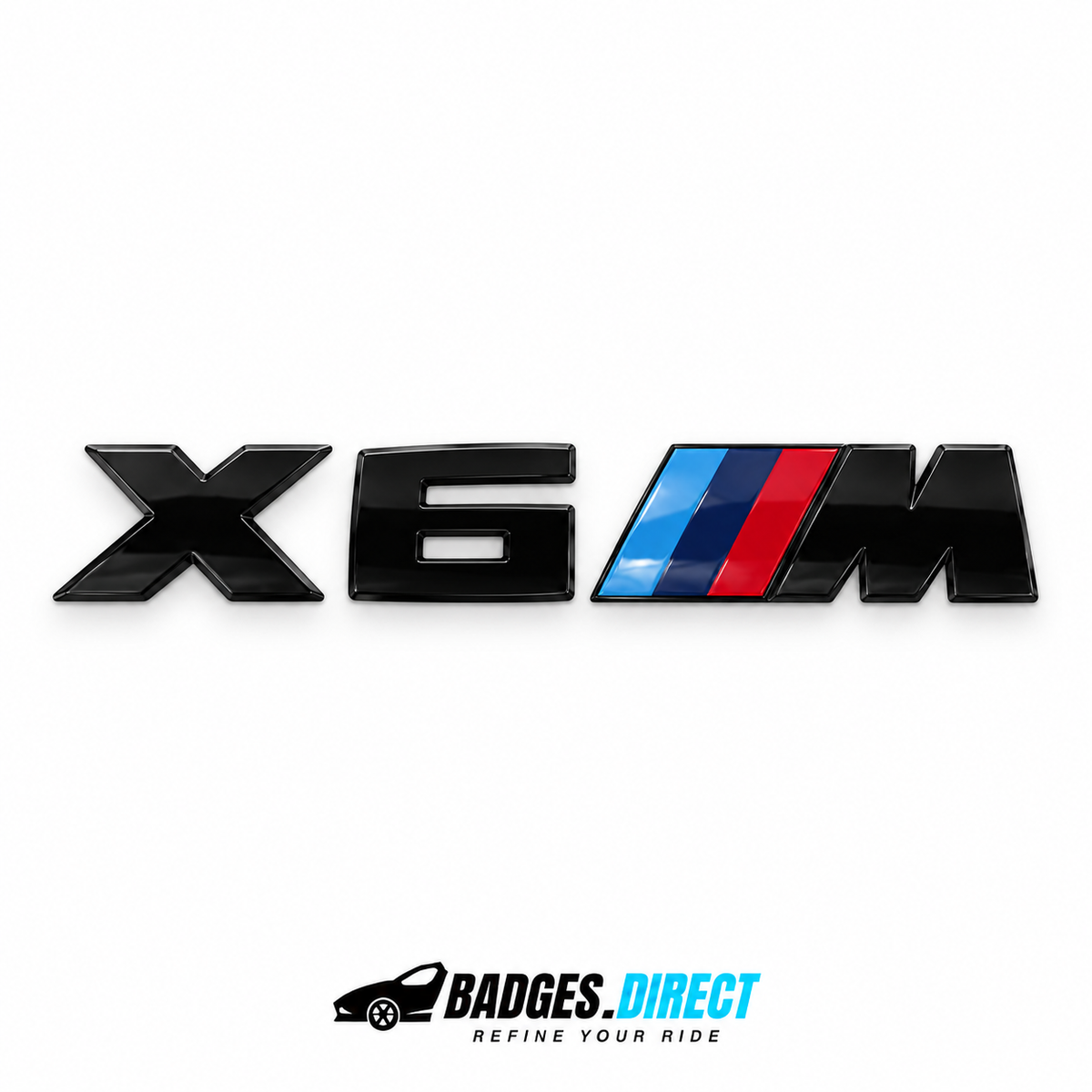 BMW X6M gloss black rear badge with light blue, dark blue and red M stripes — Badges.Direct