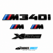 Gloss black BMW M340i xDrive badge set with two M wing badges
