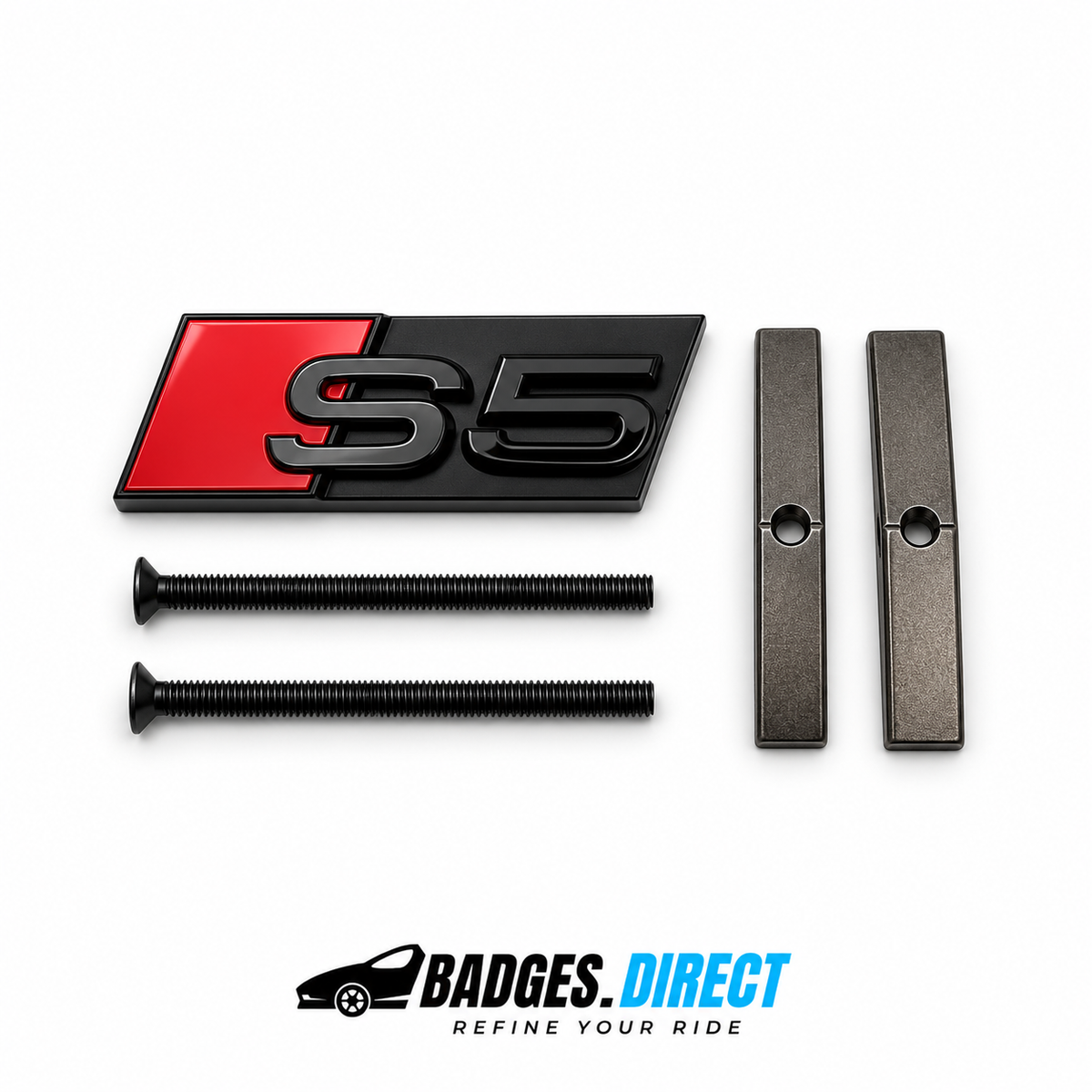 Black and red Audi S5 grille badge with two mounting screws and two mounting bars