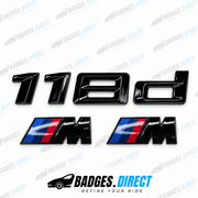 BMW 118d gloss black rear boot badge and side fender M wing badge set