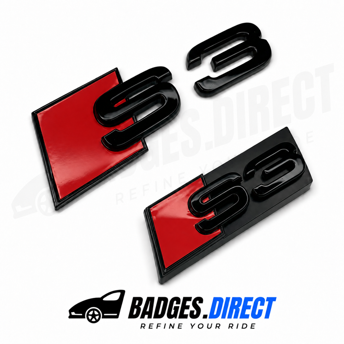 S3 rear and grille badges in gloss black with OEM Red panels on a white background
