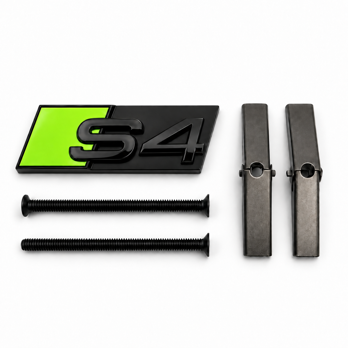 S4 front honeycomb grille badge in gloss black with a Acid Green accent panel, two mounting screws and two mounting bars