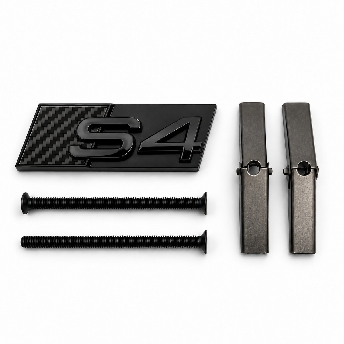 S4 front honeycomb grille badge in gloss black with a Black Carbon Fibre accent panel, two mounting screws and two mounting bars
