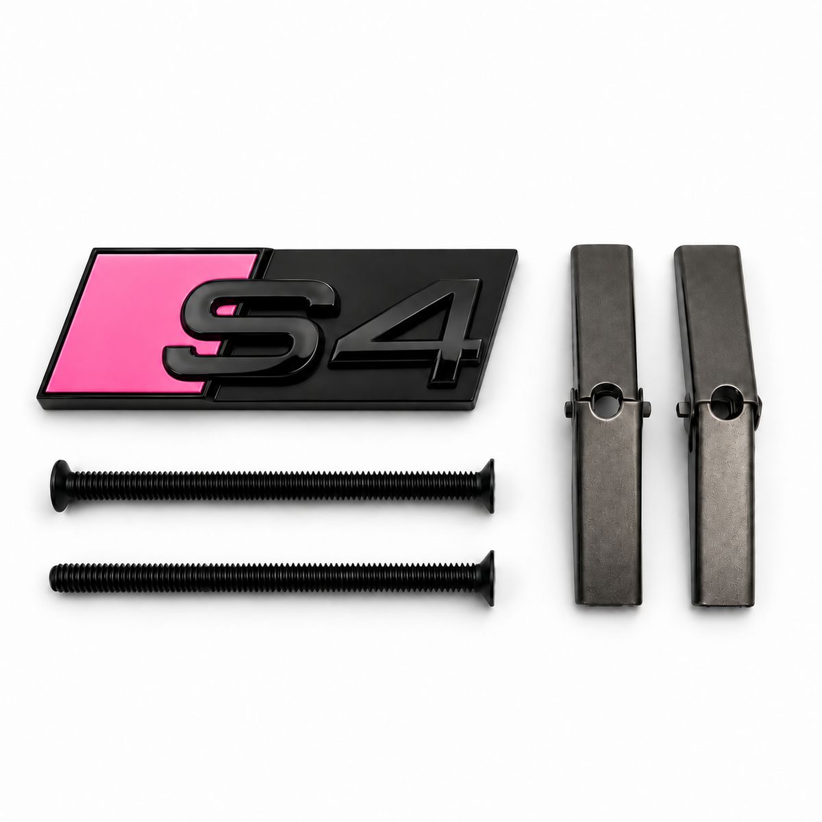 S4 front honeycomb grille badge in gloss black with a Bubble Gum Pink accent panel, two mounting screws and two mounting bars