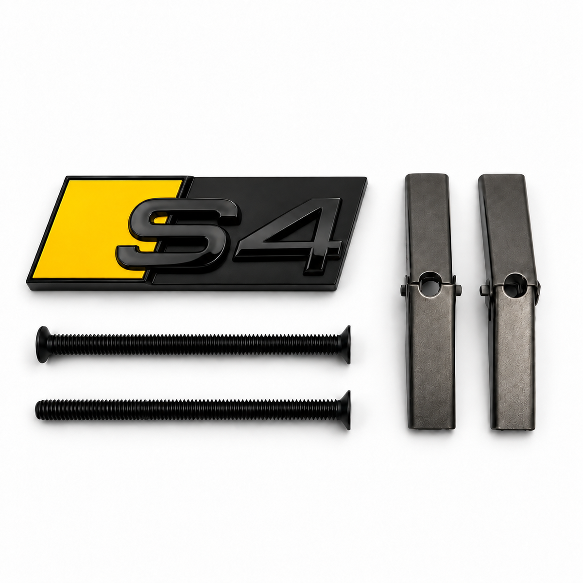 S4 front honeycomb grille badge in gloss black with a Bumble Bee Yellow accent panel, two mounting screws and two mounting bars
