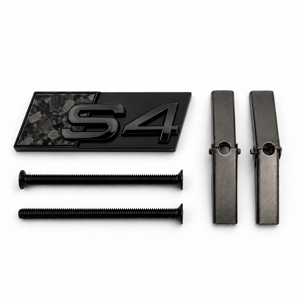 S4 front honeycomb grille badge in gloss black with a Forged Carbon Fibre accent panel, two mounting screws and two mounting bars