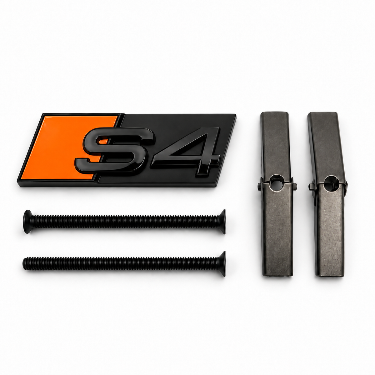 S4 front honeycomb grille badge in gloss black with a Inferno Orange accent panel, two mounting screws and two mounting bars