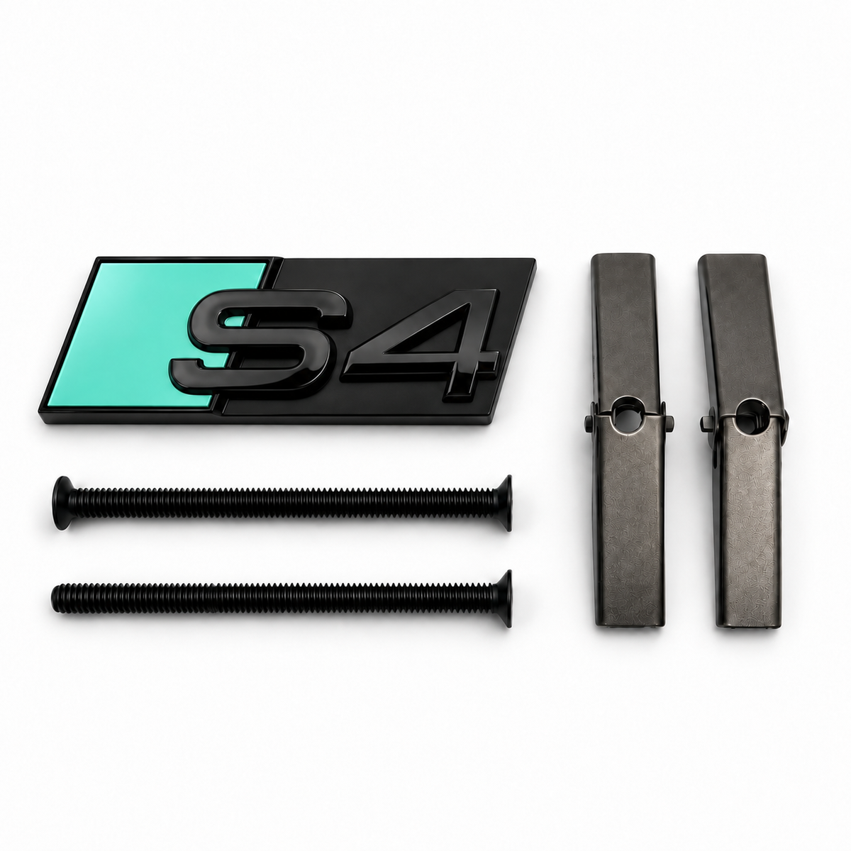 S4 front honeycomb grille badge in gloss black with a Tiffany Green accent panel, two mounting screws and two mounting bars