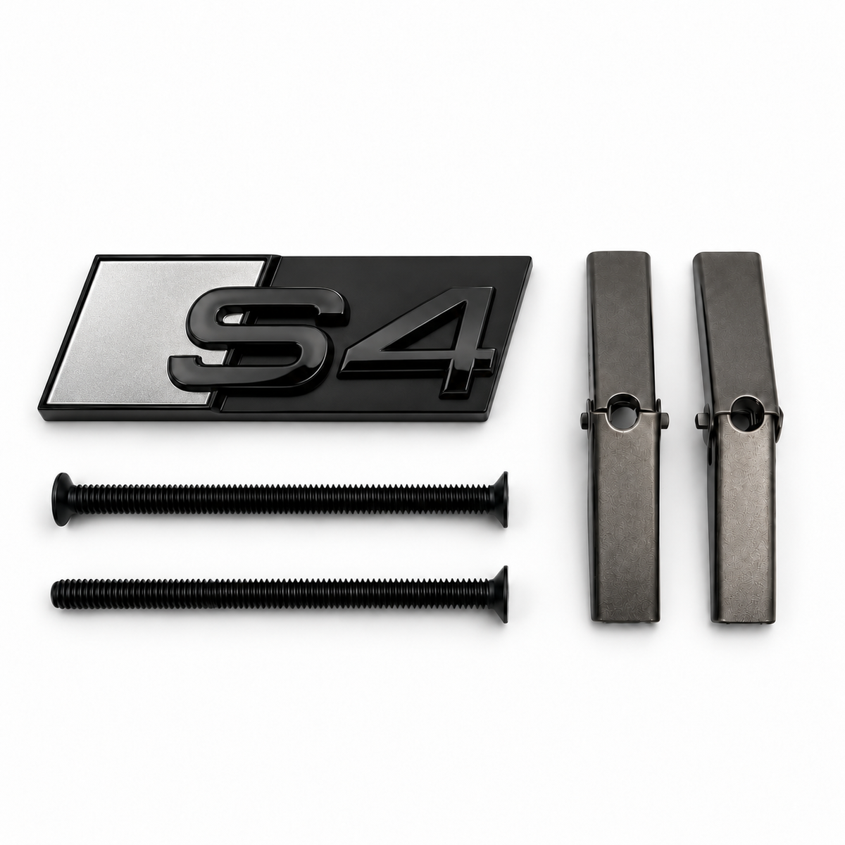 S4 front honeycomb grille badge in gloss black with a Titanium Silver accent panel, two mounting screws and two mounting bars