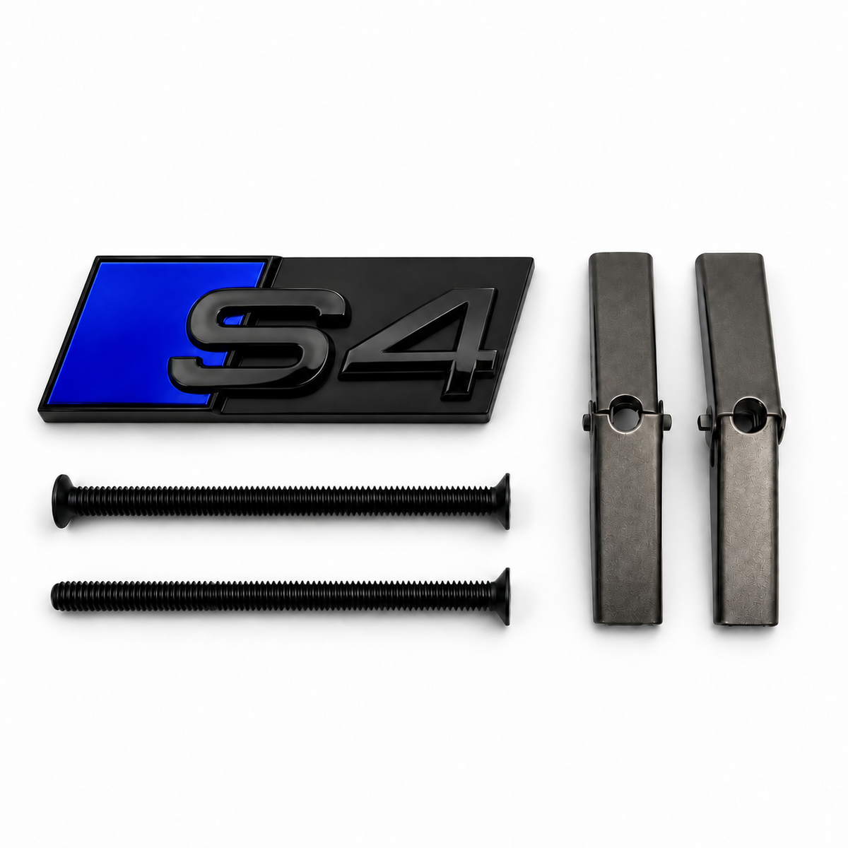 S4 front honeycomb grille badge in gloss black with a Ultramarine Blue accent panel, two mounting screws and two mounting bars