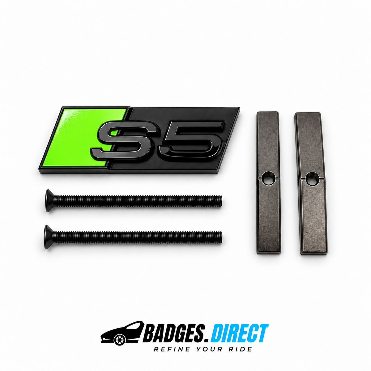 S5 front honeycomb grille badge in gloss black with a Acid Green accent panel, two mounting screws and two mounting bars