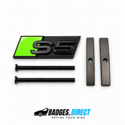 S5 front honeycomb grille badge in gloss black with a Acid Green accent panel, two mounting screws and two mounting bars