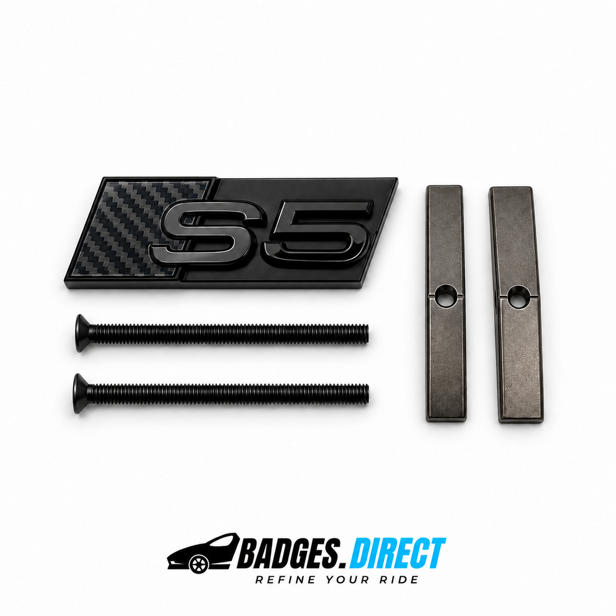 S5 front honeycomb grille badge in gloss black with a Black Carbon Fibre accent panel, two mounting screws and two mounting bars