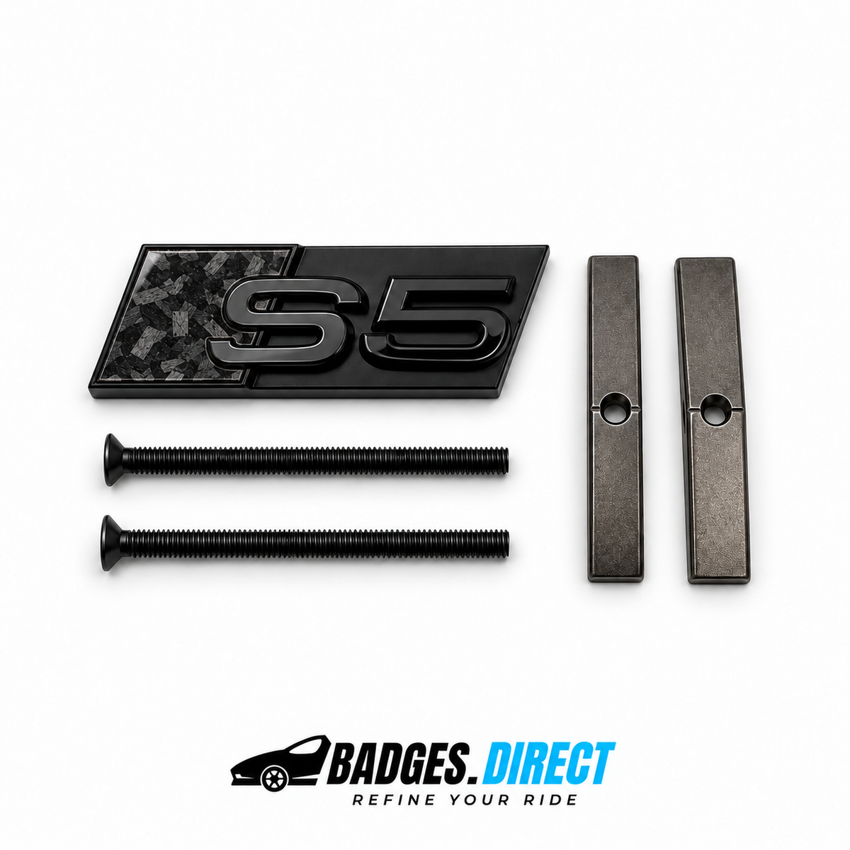 S5 front honeycomb grille badge in gloss black with a Forged Carbon Fibre accent panel, two mounting screws and two mounting bars