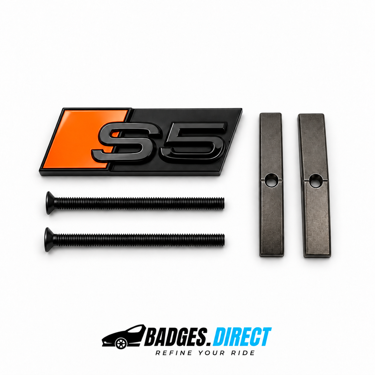 S5 front honeycomb grille badge in gloss black with a Inferno Orange accent panel, two mounting screws and two mounting bars